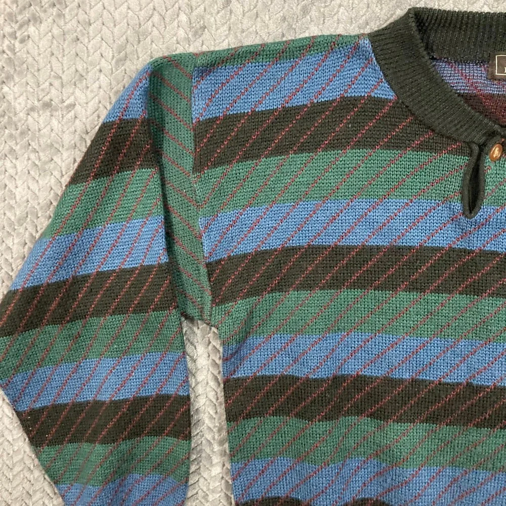 John Henry Sweater Mens L Vintage Henley Striped Multi-Color Button-Down